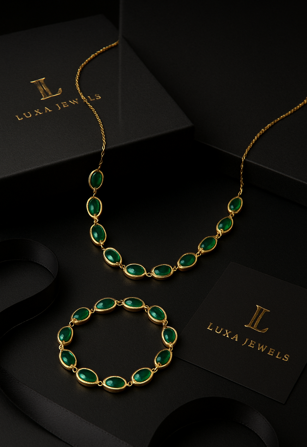 "Luxa Jewels- Emerald Gold Pendant Necklace & Bracelet Set